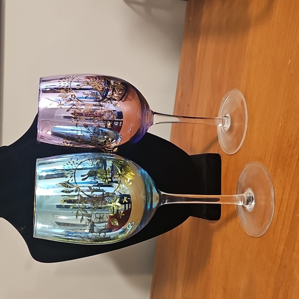 Easter Wine Glass Set  Iridescent, Blue & Purple, Gold Interior. Bunny Theme